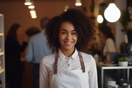 Smiling Woman in Apron Poses for Camera in a successful restaurantの素材