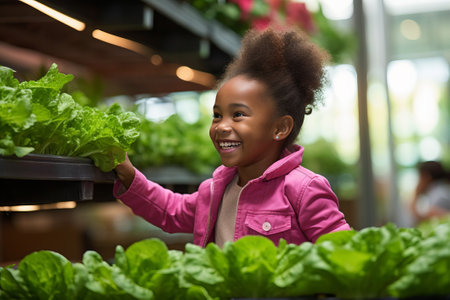 Little Girl Smiling With Lettuce in Vegetable Shopの素材