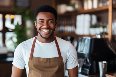 happy african american barista smiling at camera in coffee shopの素材