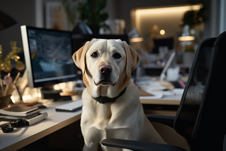 Labrador retriever dog sitting at the desk in office at nightの素材