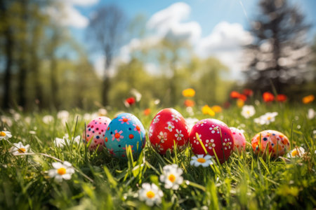 Colorful easter eggs on green grass with flowers in sunny dayの素材
