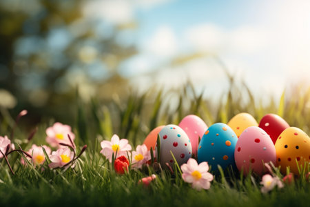 Colorful easter eggs on green grass with flowers. Happy Easter!の素材