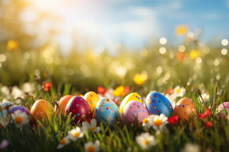Colorful easter eggs on green grass with flowers and blue sky backgroundの素材