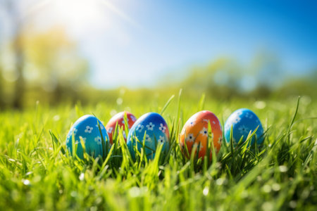 Colorful easter eggs on green grass with sun flare in backgroundの素材