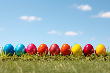 Colorful easter eggs on the grass with blue sky background.の素材