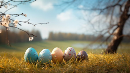Colorful easter eggs on green grass and blooming tree backgroundの素材