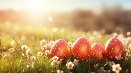 Red easter eggs on green grass with flowers. Easter concept.の素材