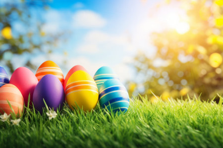 Colorful easter eggs on green grass with blue sky background.の素材