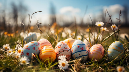 Colorful easter eggs in the grass with daisies.の素材