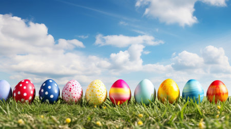 Colorful Easter eggs on green grass with blue sky and white cloudsの素材