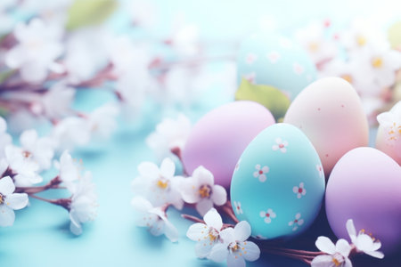 Easter eggs and cherry blossoms on blue background. Happy Easter!の素材