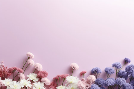 Beautiful flowers on pink background, flat lay. Space for textの素材
