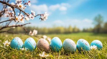 Colorful easter eggs in green grass and blooming cherry treeの素材