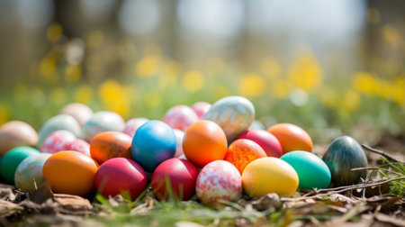 Colorful easter eggs on green grass with yellow flowers in backgroundの素材