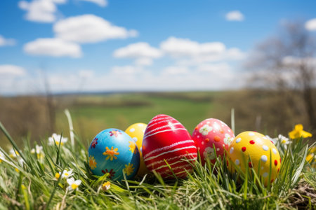 Colorful easter eggs in green grass with blue sky and white cloudsの素材