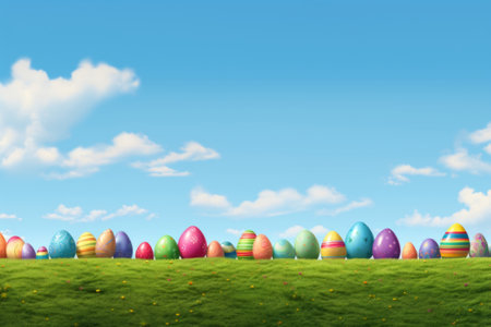 Colorful easter eggs on green meadow with blue sky backgroundの素材