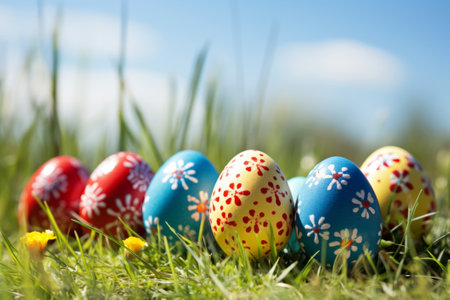 Colorful easter eggs on green grass with blue sky in backgroundの素材