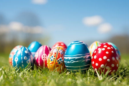 Colorful easter eggs on green grass with blue sky in backgroundの素材
