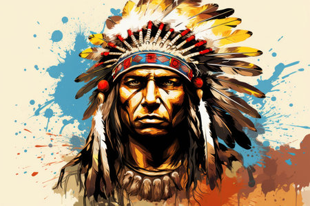 Native american indian chief with headdress on grunge backgroundの素材