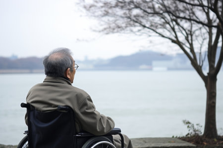 Asian senior man sitting on wheelchair in the park with lake view.の素材