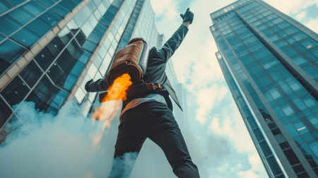 Businessman with burning jetpack on his back, is preparing for a jump, raising his hands up against the backdrop of a modern business centerの素材