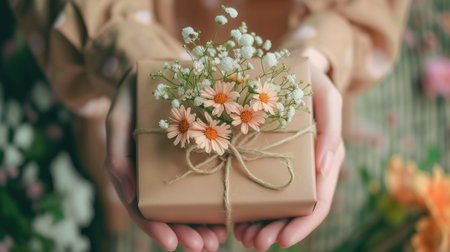 Woman Holding a Box With Flowers on Womens Day Celebrationの素材