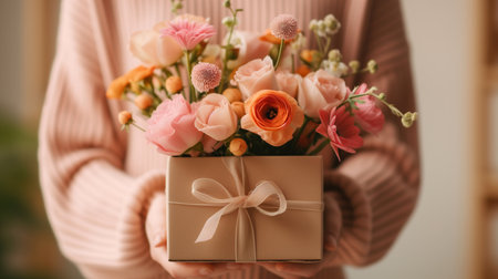 Woman Holding a Box Containing Flowers on Womans Dayの素材