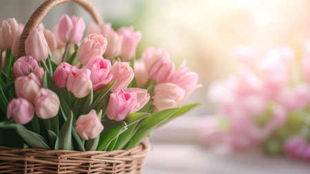 Basket Filled With Pink Flowers on Table for Womans Day Celebrationの素材