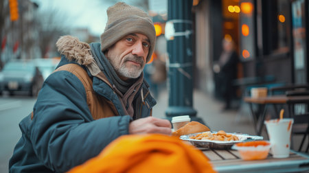Homeless Man Sitting at Outdoor Table With Plate of Foodの素材