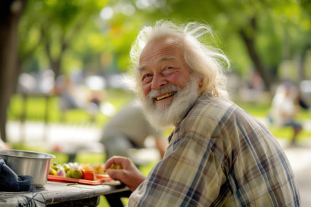 Homeless Man With White Beard Sitting at Picnic Tableの素材