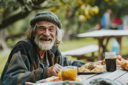 Elderly Homeless Man Sitting at Outdoor Picnic Table With Foodの素材