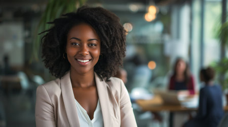 Smiling Woman in Blazer in Office Settingの素材