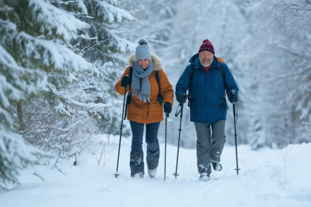 Retired Couple Walking With Nordic Walking Poles Together in a Snow-Covered Forestの素材