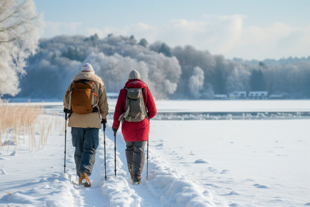 Senior Couple Walking With Nordic Walking Poles Across Snow-Covered Lakeの素材
