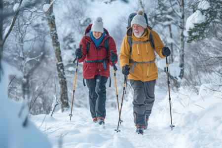 Senior Couple With Nordic Walking Poles Walking Together in the Snowの素材