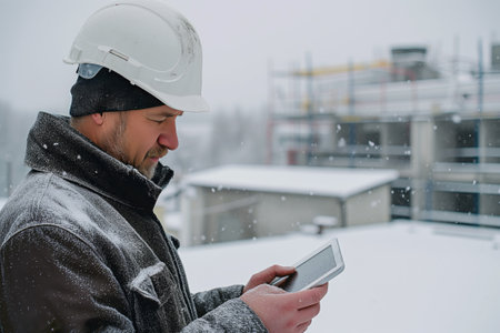 Worker with tablet on the roof of a building in the snowの素材