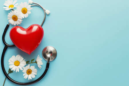Stethoscope and red heart on blue background with copy space.の素材