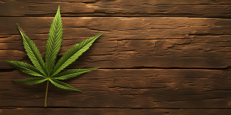 A Marijuana Leaf Resting on a Wooden Tableの素材