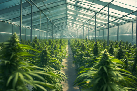 Thriving Cannabis Plants in a Sunlit Commercial Greenhouse During Peak Growing Seasonの素材