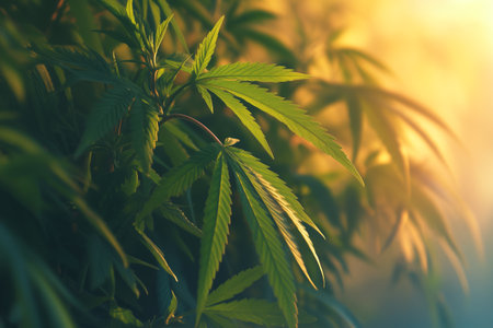 Close Up of a Marijuana Plant With Sun in the Backgroundの素材