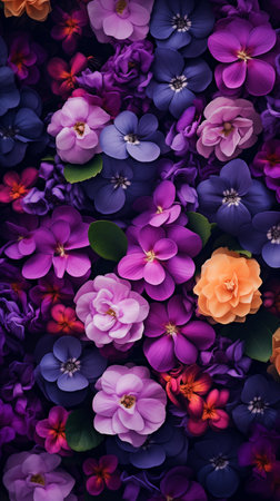 A bunch of purple and orange flowers with green leaves, creating a vibrant and colorful background.の素材