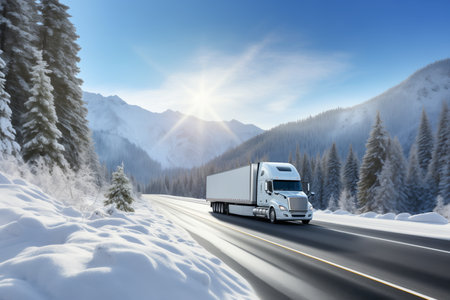 A semi truck drives along a snowy road during winter.の素材