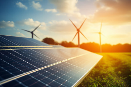 Solar panels and wind turbines at sunset. Alternative energy source. Alternative energy conceptの素材