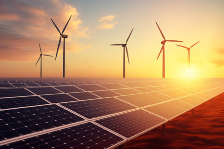 A solar panel, accompanied by wind turbines, stands prominently in front of a beautiful sunset.の素材