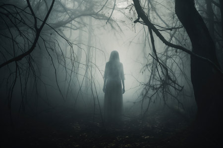 A person stands in the middle of a misty autumn forest, creating a ghostly atmosphere for a Halloween concept.の素材