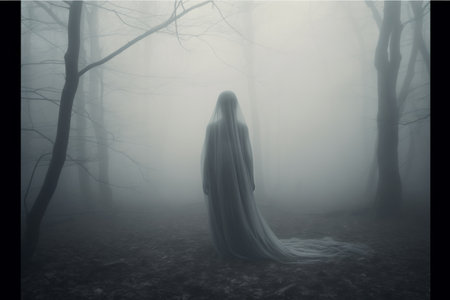 A spectral woman is photographed standing among the misty trees of an autumn forest, evoking a Halloween atmosphere.の素材