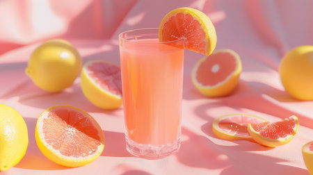 A glass filled with juice, containing a mixture of grapefruit juice and lemons, with the citrus fruits arranged around it.の素材