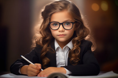 A young girl, wearing glasses and a suit, is seated and focused on writing on a piece of paper in this candid photoの素材