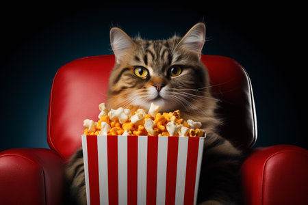 A cat is comfortably seated in a bright red chair and eating popcorn in cinemaの素材