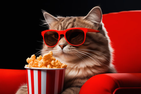 Cat is wearing 3D glasses while munching on popcorn and watching movie in cinemaの素材